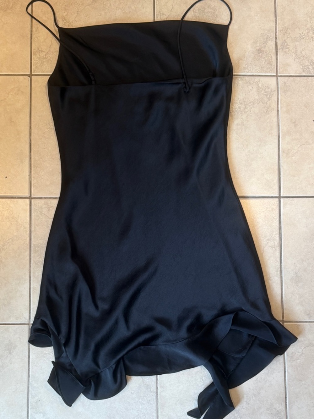 Black Satin Slip Dress XL Asymmetrical Ruffle Hem Strappy Mini Dress